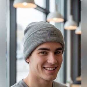 NWOT CHAOS Knit Acrylic Beanie Gray Logo Tag